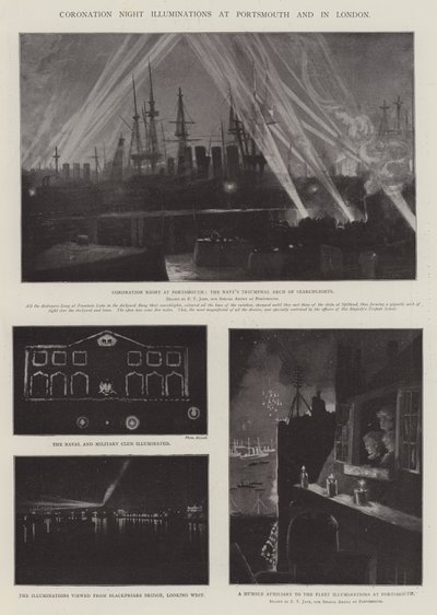 Nocne iluminacje koronacyjne w Portsmouth i w Londynie autorstwa Fred T. Jane